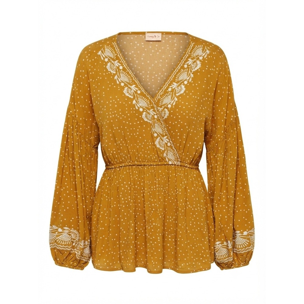 Hailey & Co Cottagecore Mustard Polka Dot Embroidered Wrap Peplum Boho Blouse S